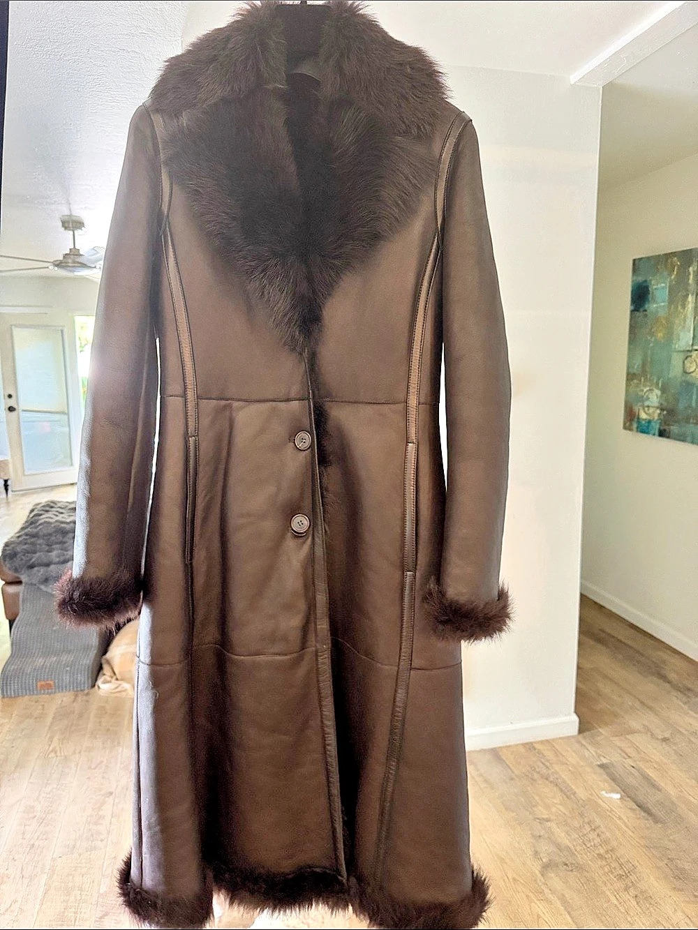 PRADA Leather Fur-Trim Coat in Brown Size 40